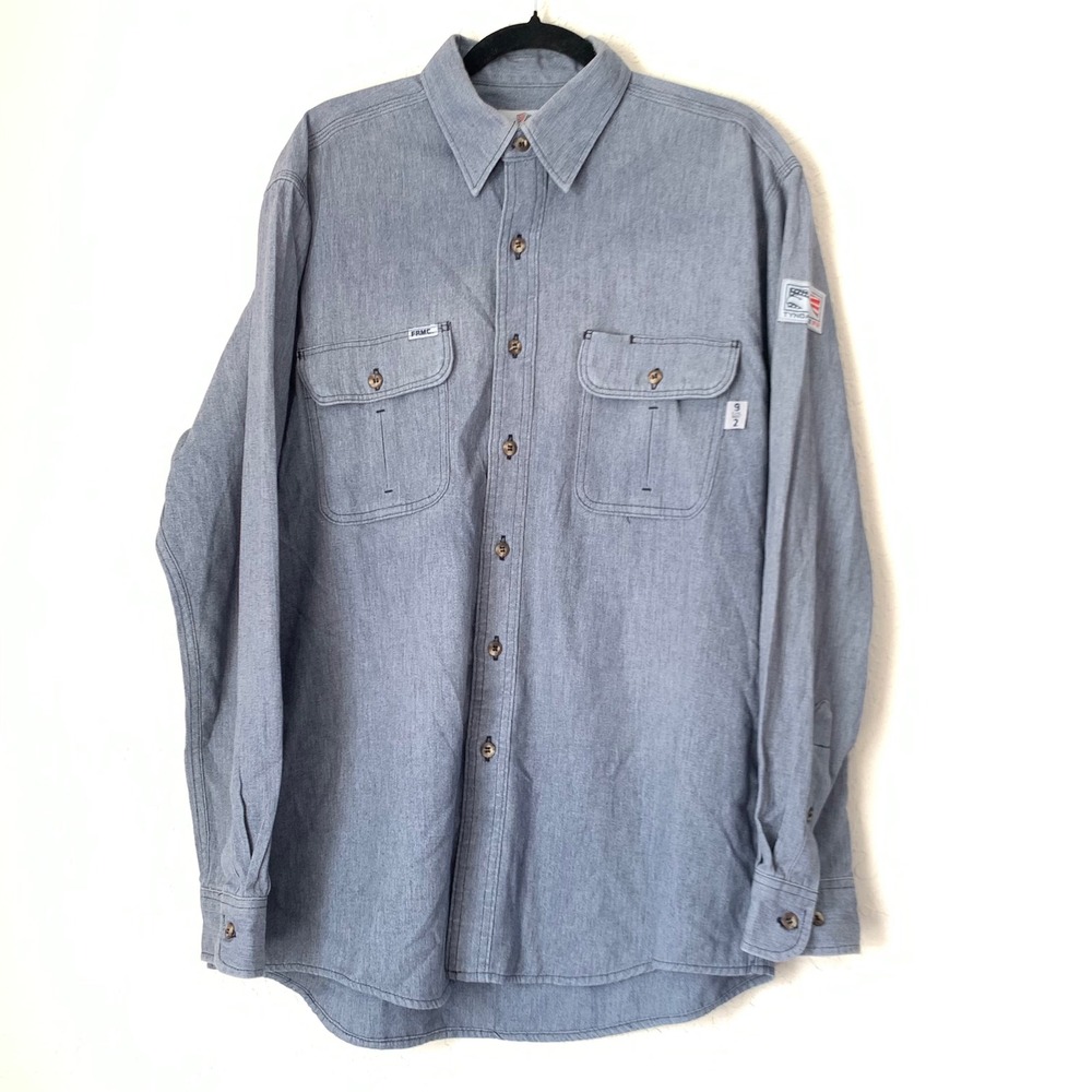 Tyndale FR Work Shirt Men L Blue Flame Resistant HRC Arc Rated USA Button Down